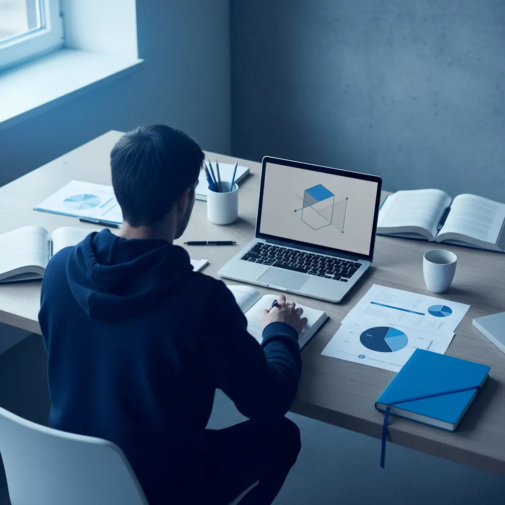 Estudante anônimo estudando documentos sobre blockchain em mesa iluminada
